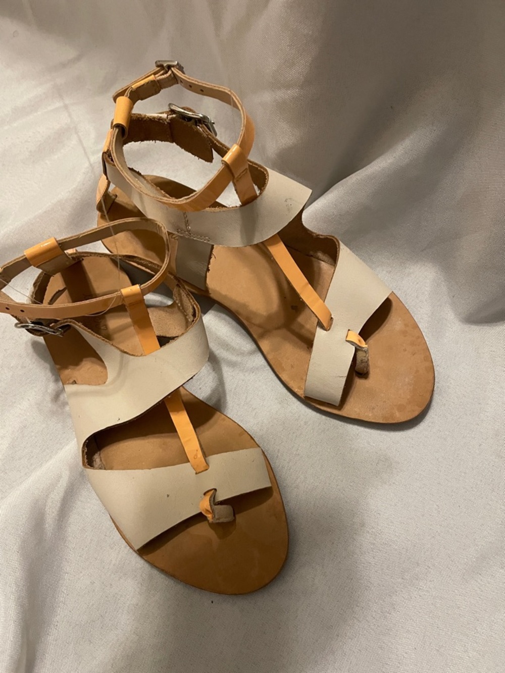 Loeffler Randall Cream and Tan Leather Ankle-Strap Sandals